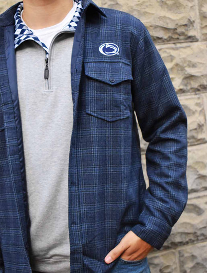 Penn State Plaid Wool Shacket by Horn Legend, blue plaid, embroidered logo, button front.