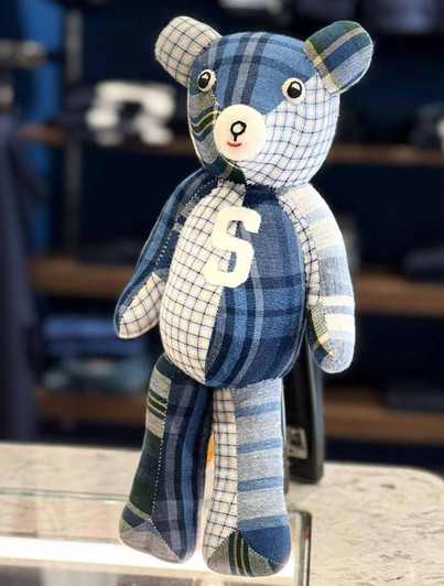 Blue and White Patchwork Teddy Bear with S Logo