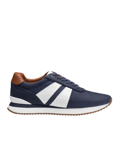 Morgan U-Throat Jogger Sneaker in navy blue by Johnston & Murphy with white stripes.