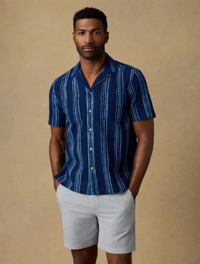 Short Sleeve Indigo Stripe Camp Shirt | Faherty