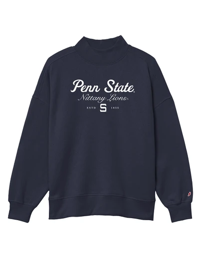 Penn State Nittany Lions mock neck sweatshirt, navy blue color, embroidered logo, women's relaxed fit.