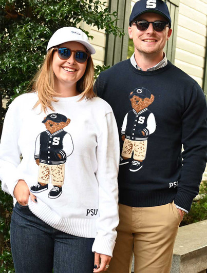 Penn State White Varsity Bear Sweater in Navy and White