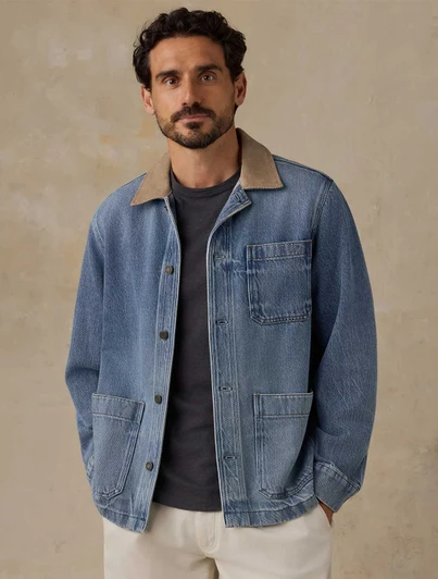 Faherty High Ridge Twill Studio Jacket in blue, organic cotton, button closure, collared neck.