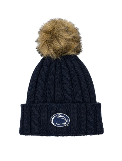 Navy Penn State Cable Knit Hat with faux fur pom, LogoFit brand, embroidered logo patch.