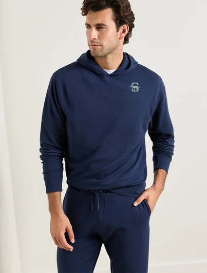 Penn State Retro Logo Oasis Pullover Hoodie in navy blue by Peter Millar, classic fit.