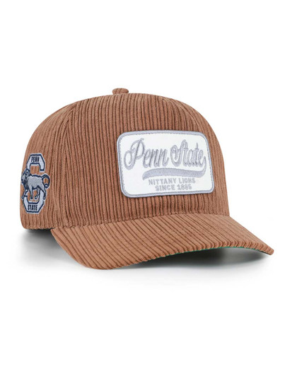Penn State Corduroy Patch Hat in brown color by '47 Brand with embroidered logos and patches.