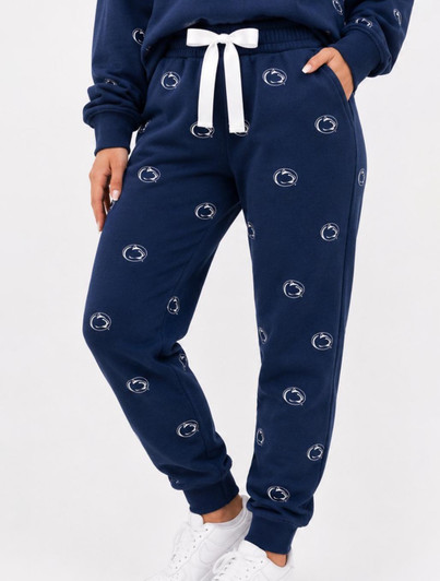 Penn State Embroidered Fleece Pant in navy blue by Brianna Cannon with all over logo embroidery.