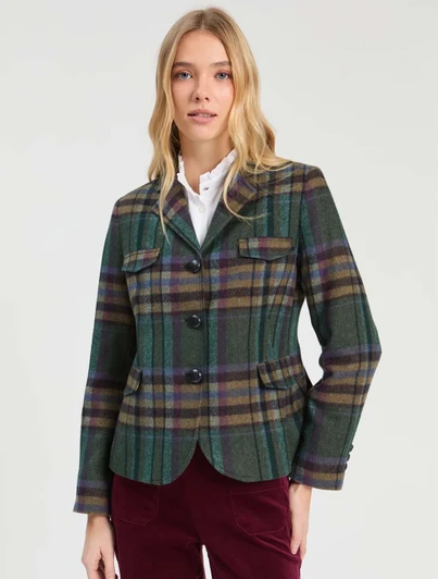 Vilagallo Italian Check Jacket in forest green, petrol blue, camel, and burgundy plaid pattern.