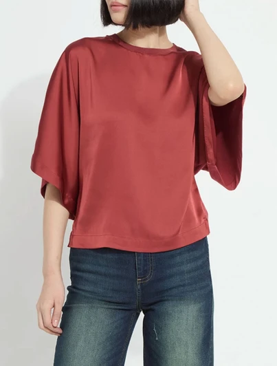 Lyssé Ginger Mixed Media Dolman Tee, red satin front, wide Kimono sleeves, draped silhouette.