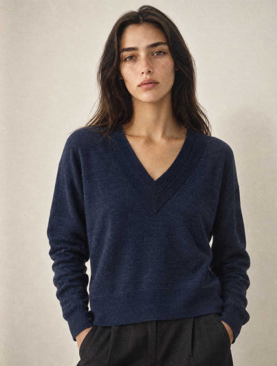 Autumn Cashmere Long Sleeve Double Vee Sweater in navy blue color.