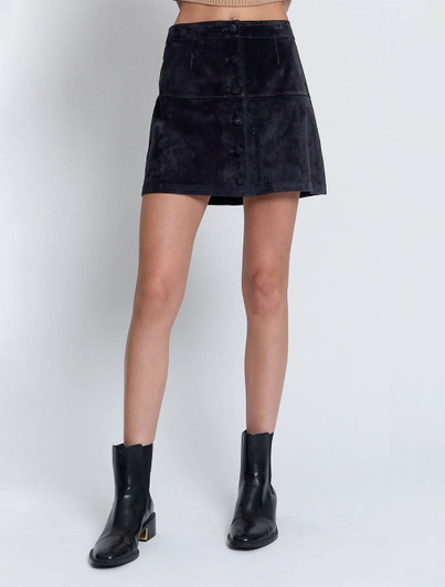 Central Park West Scarlet Genuine Suede Button Skirt in Black with A-line silhouette and mini length.
