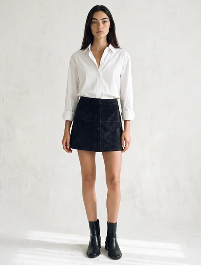 Central Park West Scarlet Genuine Suede Button Skirt in black, A-line silhouette, mini length.