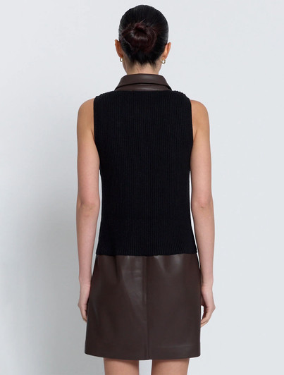 Central Park West Avery Vegan Combo Sweater Dress in black with brown vegan leather accents.