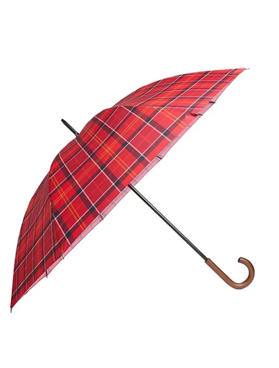 Barbour Cardinal Tartan Walker Umbrella, red plaid canopy, wooden handle, Barbour logo.