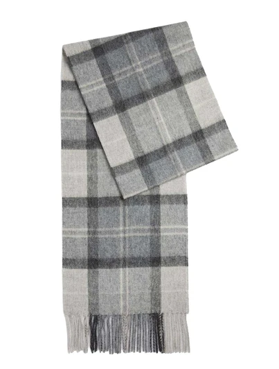 Barbour Mineral Tartan Scarf in Ice Grey Granite, cashmere lambswool blend with fringed trim.