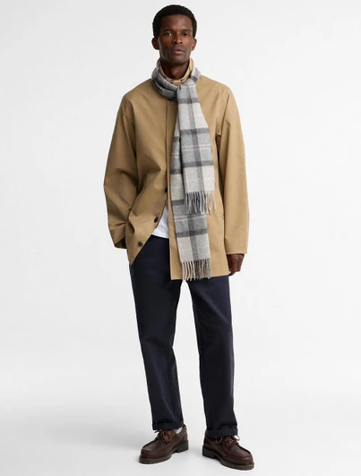 Barbour Mineral Tartan Scarf in ice grey granite cashmere blend with fringe trim.