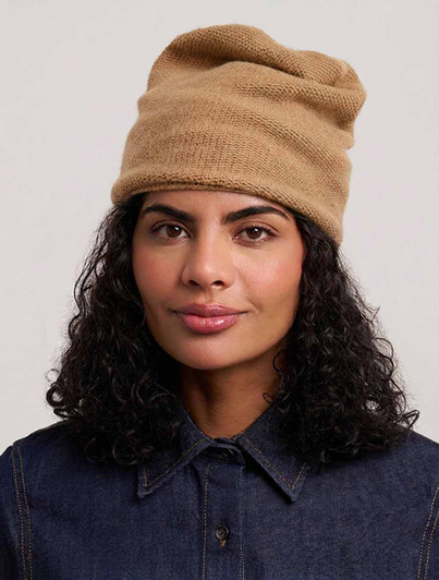 Crosby Hat in tan color by EchoDesign Group, a women's slouchy beanie made of wool and cashmere.
