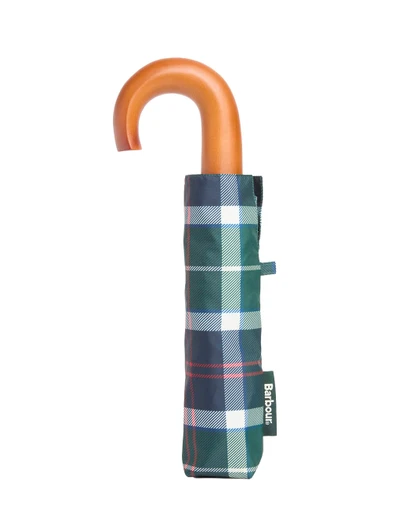 Barbour Tartan Mini Umbrella, green and blue plaid pattern, orange handle, compact size.