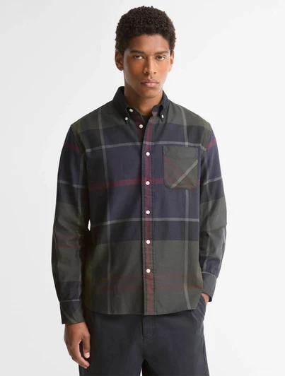 Barbour Authentic Dunoon Tartan Shirt in green and navy blue plaid pattern, oversized fit, cotton.