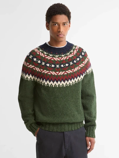 Barbour Scottish Fair Isle sweater, green, Fair Isle pattern, pure wool knitwear, men's fashion.