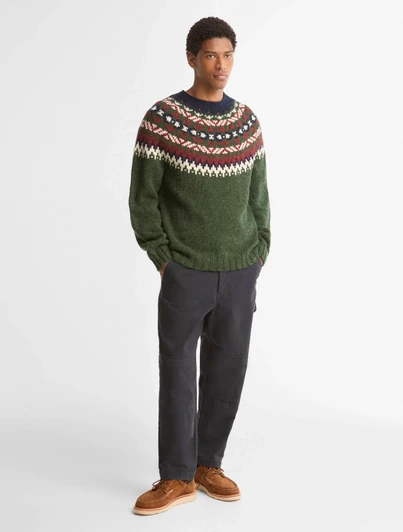 Barbour Scottish Made Placement Fairisle Sweater, green Fair Isle knit sweater, pure wool, heritage design.