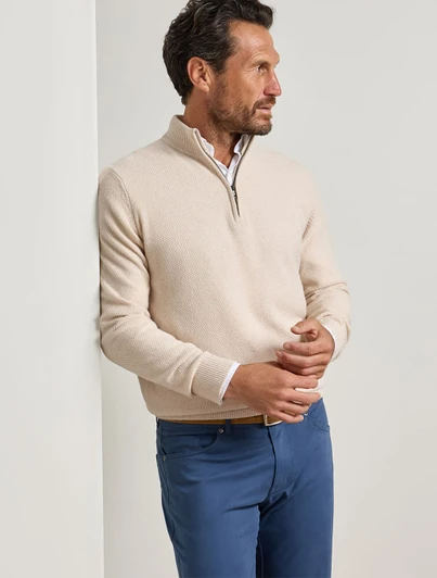 Peter Millar Crescent Texture Quarter Zip Sweater in beige, Merino-yak-cashmere blend, classic fit.