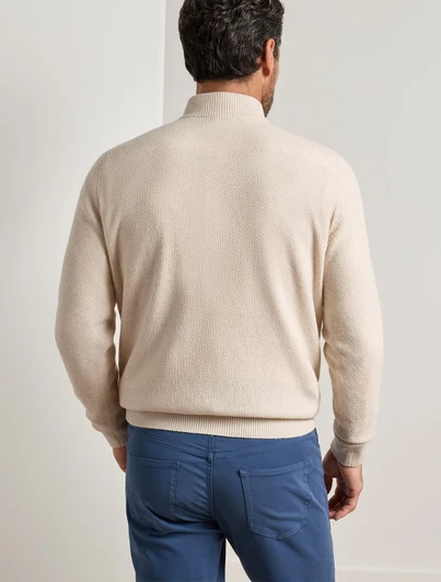 Peter Millar Crescent Texture Quarter Zip Sweater in cream color, Merino-yak-cashmere blend, classic fit.