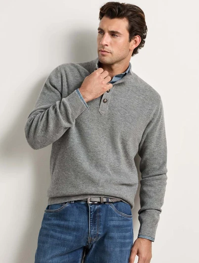 Peter Millar grey Blackburn Buttonmock Sweater on a man, made from wool and cashmere blend.