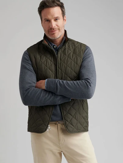 Peter Millar Essential Essex Vest in olive green color, lightweight and water resistant design.