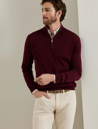 Peter Millar Autumn Crest Suede Trim Quarter Zip Sweater in burgundy, made from Merino wool blend.