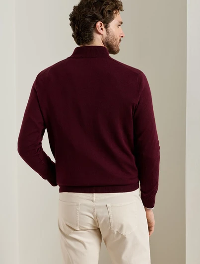 Peter Millar Autumn Crest Suede Trim Quarter Zip Sweater in burgundy, Merino wool and Lyocell.