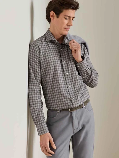 Peter Millar Bernard Cotton Sport Shirt in gray and white plaid pattern, showcasing Flex Finish technology.