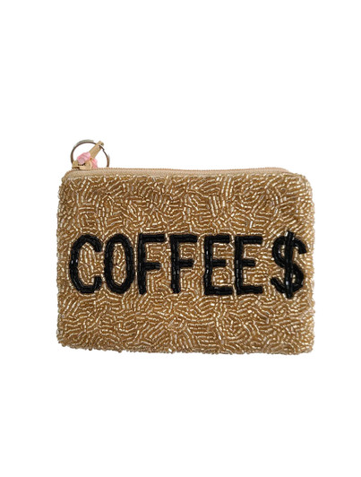 Beaded Coffee $ Coin Purse by Tiana Designs, brown, handmade, beaded, zipper closure, 5.5x3.5 inches.