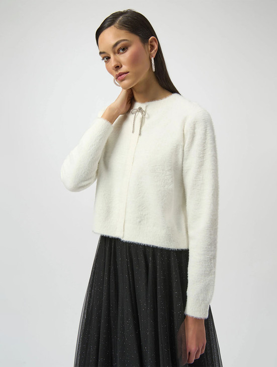 Feather Yarn Cardigan with Rhinestone Bow | Joseph Ribkoff
