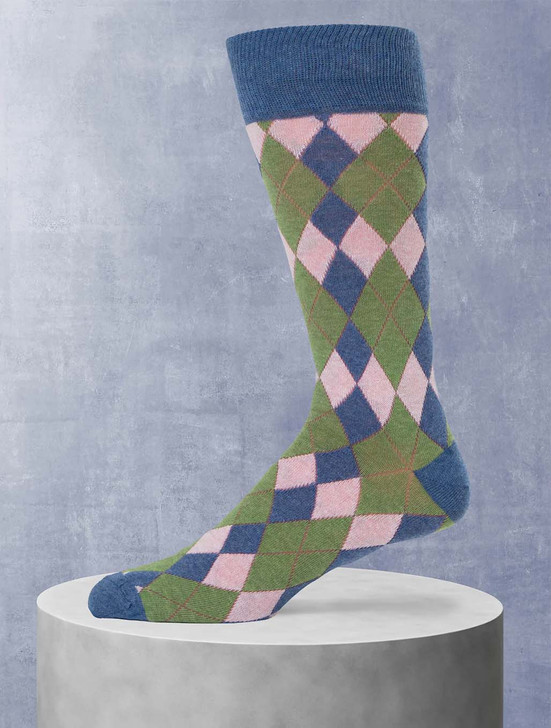 Mens Green Pink and Blue Egyptian Cotton Argyle Socks