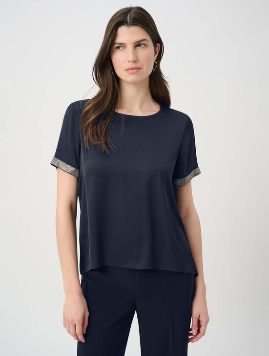 Navy Joseph Ribkoff Satin Tee with Rhinestone Sleeves