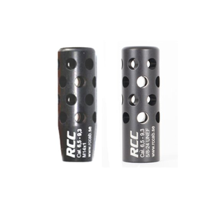 RCC Connical Muzzle Brake, 60-90% felt recoil reduction - Diameter 22mm - Length 60mm - Weight 35g. Calibre .22-.375 - Thread 1/2" x 28 UNF