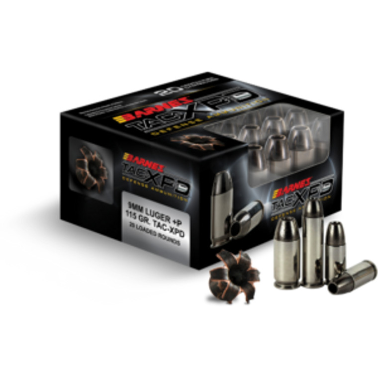 Barnes Bullets Ammunition - TAC-XPD Defense Cartridges, 9mm Luger +P 115gr TAC-XP (20box/200outer) (21551)