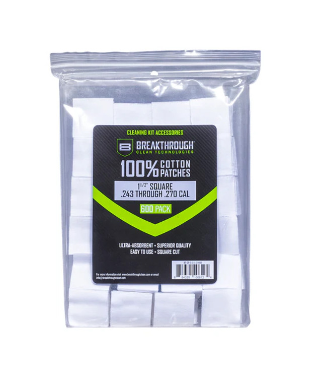 Breakthrough Square Cotton Patches ..1-1/2" x 1-1/2" 600pcs / .243-.270 caliber