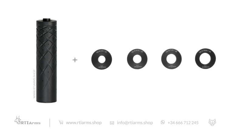 RTI Huh 50 Suppressor 50mm ALU M20x1 (1/2-20 UNF adapter and caliber restrictors included)