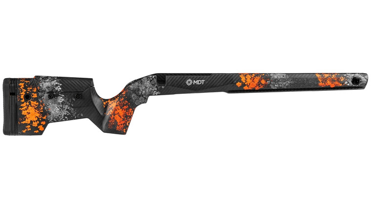 MDT CRBN Stock - Remington 700 Short Action - Right Hand, Fixed, ARCA - No Bottom Metal Included - Hunter Orange & Grey