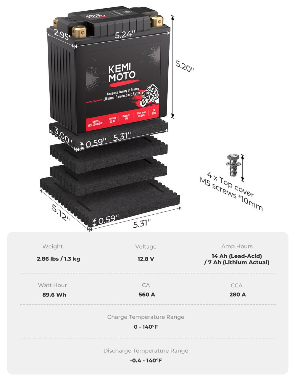 Kawasaki Offroad LiFePO4 12v 7Ah Lithium Battery by Kemimoto