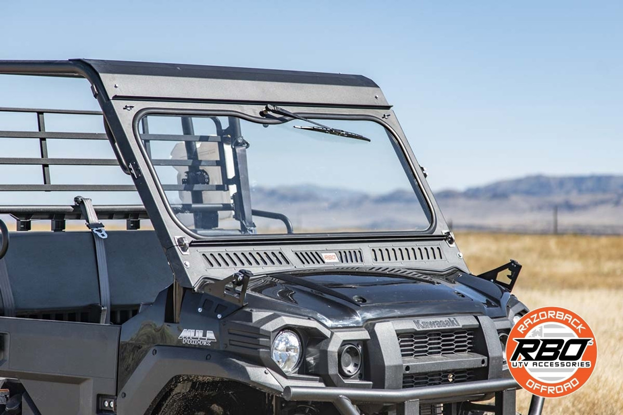 Kawasaki Mule Pro FX/FXT/DX/DXT Folding Front Windshield (DOT Approved) by  Razorback Offroad