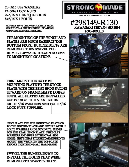 Kawasaki Teryx 4 800 Winch Plate - Strong Made 298149-R130