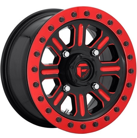 Kawasaki Mule / Teryx Fuel Hardline D911 Gloss Black & Milled With Red Accents Beadlock Wheel Set by Fuel Offroad