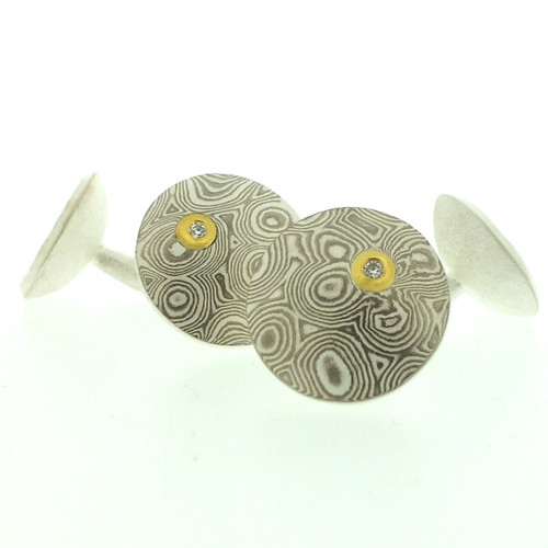 18k white gold and silver mokume gane domed discus cufflinks with 22k gold and diamond details