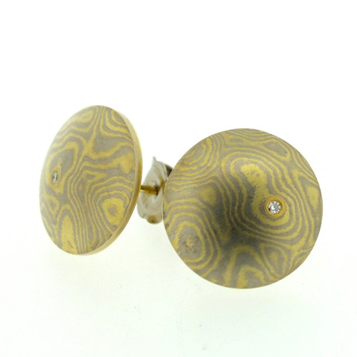 18k white and yellow gold mokume gane large Discus stud earrings