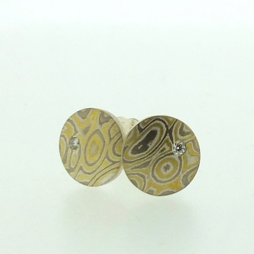 Small 22k gold, 18k white gold and silver mokume gane Discus stud earrings