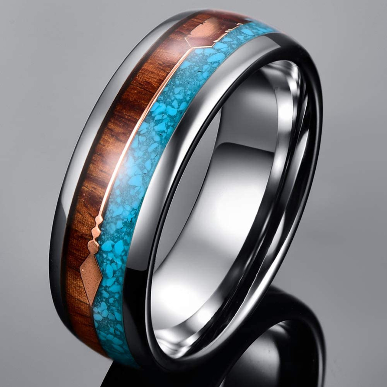8mm Hawaiian Koa Wood and Turquoise Inlay Tungsten Wedding Rings with Rose  Gold Arrow Comfort Fit Size 7-12