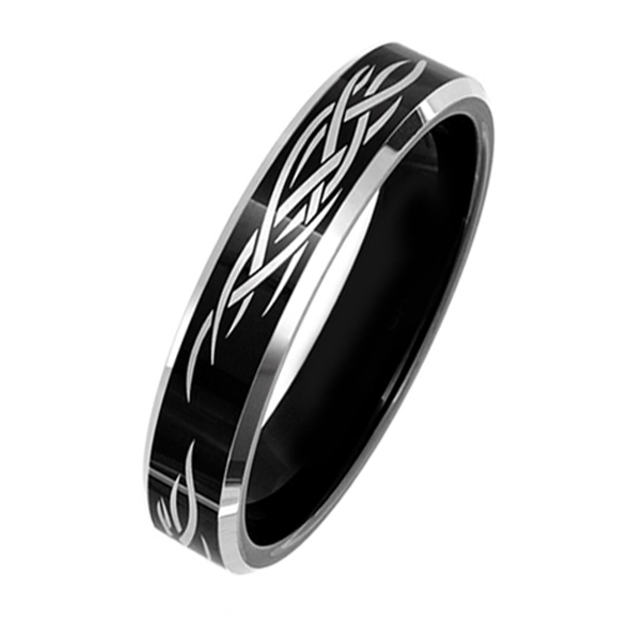 Black Tungsten Ring for Women, Wedding Band with Laser Tribal Design ...